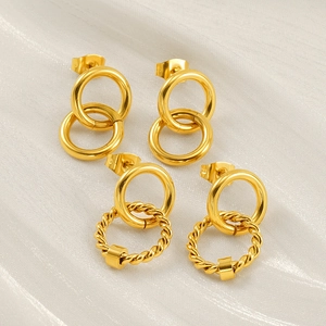 Interlocking Double Geometric Ring Stud Earrings For Women Stainless Steel 18K Gold Plated Retro Minimalist Style