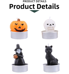 Detail of Halloween tealight set featuring pumpkin, skull, witch, and cat designs