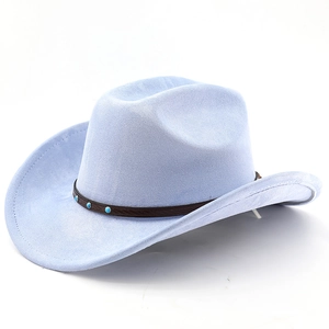Detail of light blue faux suede western cowboy hat with turquoise stone leather band