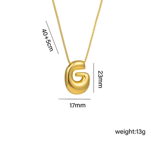 Close-up of 18k gold plated puffy balloon letter G pendant with detailed dimensions