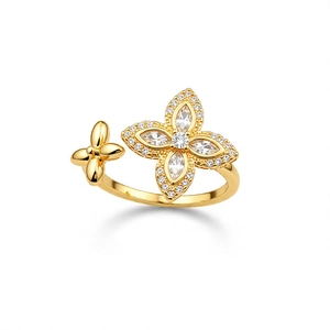 Bague ouverte trèfle en zircon doré 18K avec cristaux taille marquise étincelants