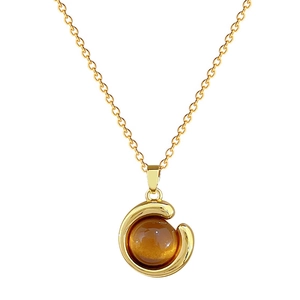 Elegant gold titanium steel necklace with amber resin pendant and sparkling zircon stones