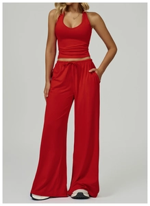 Red V-neck halter yoga top and high-waist drawstring wide-leg pants leisure set