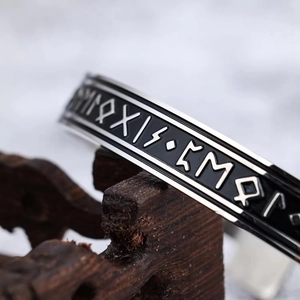 Vintage Viking rune open bangle in silver stainless steel with black Nordic engravings