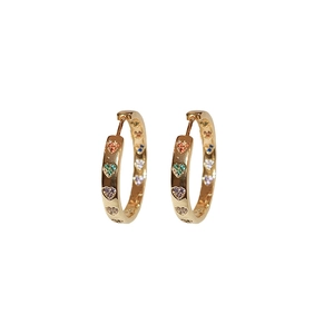 Elegant gold hoop earrings with multi-colored heart-shaped zircon stones on white background