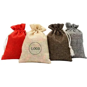 Vintage Linen Burlap Drawstring Bags With Cotton Rope Plain Small Pouches For Gift Jewelry Packaging Wedding Party Favors