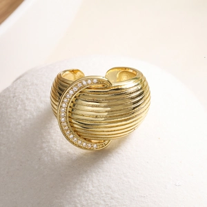18K gold plated wide open ring featuring a textured band and sparkling zircon stones