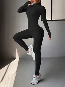 Veste De Yoga Et Leggings Pour Femmes Haut À Manches Longues Et Fermeture Éclair Pantalon Taille Haute Sport Workout