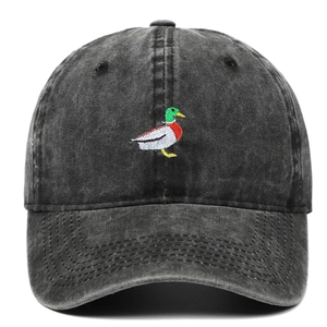 Washed charcoal cotton baseball cap with detailed green mallard duck embroidery