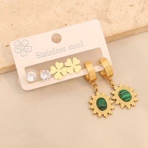 Set of 3 pairs of vintage gold stainless steel earrings with malachite and zircon stones