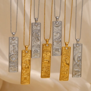 Vintage 18K gold plated stainless steel zodiac square pendant necklaces with rhinestones