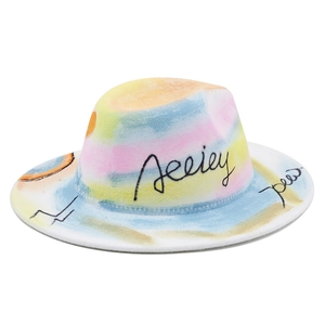 Colorful hand-painted graffiti fedora hat with wide brim and cursive text detail