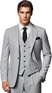Detail shot of light grey three-piece business suit with textured fabric and slim-fit cut