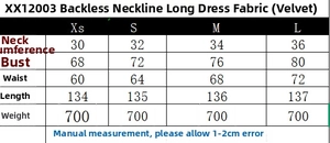 Detailed size chart for backless velvet maxi dress showing measurements in centimeters