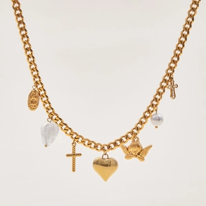 Golden Cuban chain necklace with religious charms, crosses, heart and pearl detail
