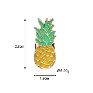 Detailed view of yellow pineapple enamel pin with green leaves and size measurements