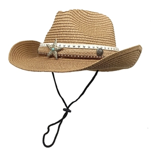 Western Cowboy Straw Hat Sun Protection Breathable Woven Summer Beach With Metal Star Turquoise Decor And Adjustable Rope