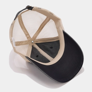 Vintage baseball cap with fruit embroidery and breathable mesh panels in a top-down view