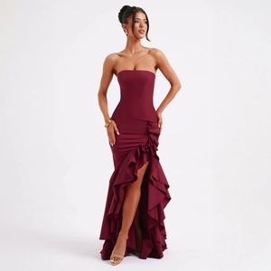 Elegant burgundy off-the-shoulder mermaid evening dress with high slit and tiered ruffles
