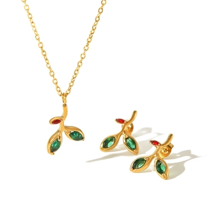 Parure bijoux vintage français en acier inoxydable plaqué or 18k avec feuilles en zircon