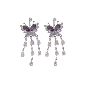 Elegant butterfly drop earrings with purple zircon wings and silver tassel details