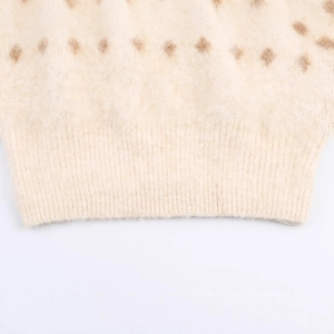 Beige jacquard knit sweater with brown pattern and textured ribbed hem for women
