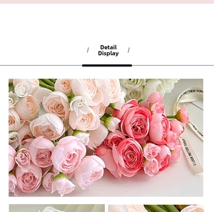 Close-up of artificial peonies and roses in pink and white with silk fabric textures