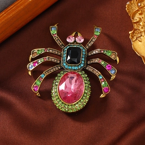 Vintage Spider Brooch Alloy Pin With Pink Oval Crystal Multi Color Rhinestone Retro Fashion Jewelry For Women