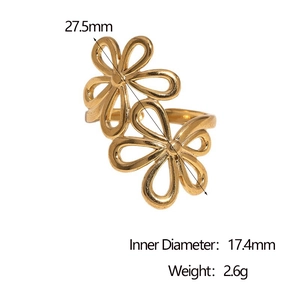 Adjustable golden stainless steel open ring featuring a double cutout flower design