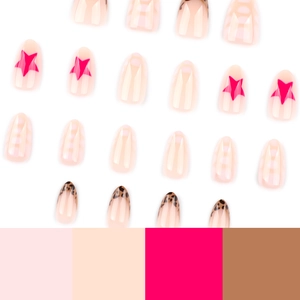 Faux ongles amande courts avec étoiles rouges et french léopard sur fond blanc