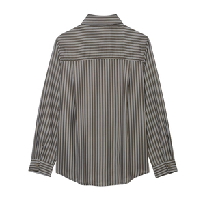 Brown striped long sleeve poplin shirt for women featuring a casual back view