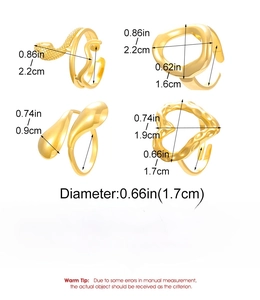 Macro detail of gold stainless steel rings with dimensions and weight specifications