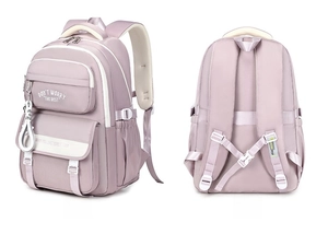 Detailed side and back view of a purple student backpack with S-shaped ergonomic straps