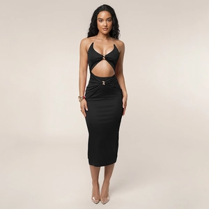 Detail of a black halter midi dress with stylish gold metal ring buckle and cutout design