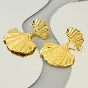 Elegant gold ginkgo leaf earrings in stainless steel with detailed radial vein texture