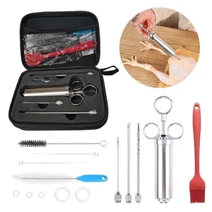 Injecteur De Marinade Professionnel Acier Inoxydable 304 Seringue Assaisonnement Poignée Trois Anneaux BBQ Dinde Outils Cuisine Étui Portable Brosses