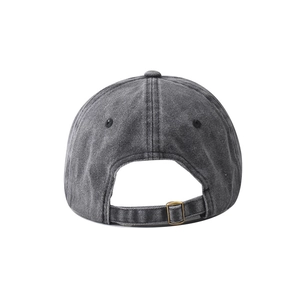 Rear view of vintage washed grey baseball cap showing brass metal adjustable buckle