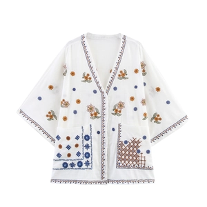 Women V Neck Blouse Cotton Blend Long Sleeve Floral Embroidery Bohemian Ethnic Style Casual Top Shirt