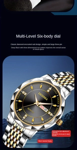 Detailed macro view of the luminous diamond indices and dual day-date display on watch dial