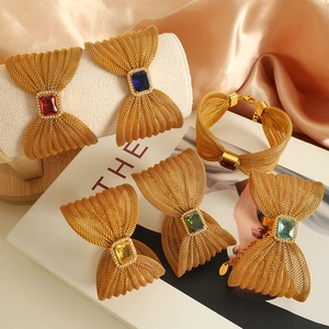 Elegant Stainless Steel Mesh Bowknot Bracelet For Women Colorful Rhinestone Inlaid Gold Plated Jewelry Adjustable Bangle Gift
