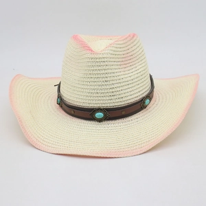Bohemian straw cowboy hat with pink gradient brim and turquoise stone band