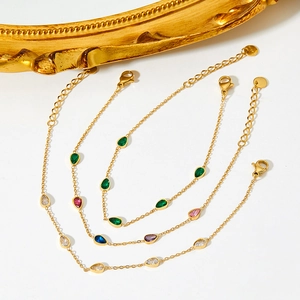 14K gold plated stainless steel anklet with colorful teardrop zircons and olive branch link