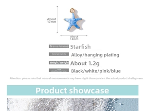 Detailed size specifications for 14mm by 17mm colorful alloy starfish charms