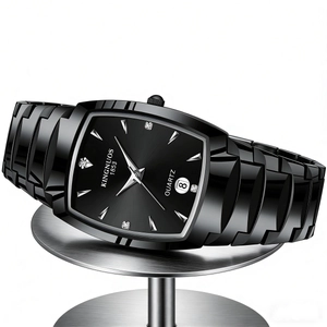 Side view of black square quartz watch with crystal indices and calendar display