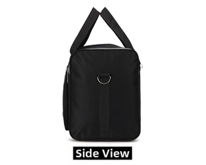 Side view of black large capacity travel bag with durable handles and D-shaped metal hooks