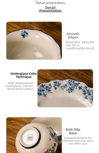 Detail of blue and white ceramic bowl showing wave edge and non-slip bottom logo