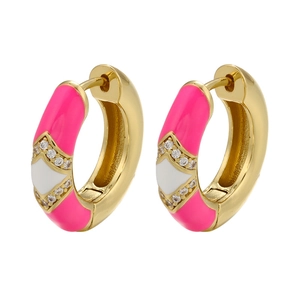 Detailed close-up of gold rectangular earrings with pink enamel and diamond accents