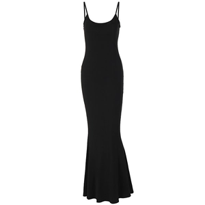 Elegant black backless halter maxi dress with a subtle mermaid hem on white background