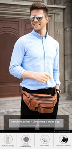 Detailed texture of brown genuine leather bag with metal zippers worn by model