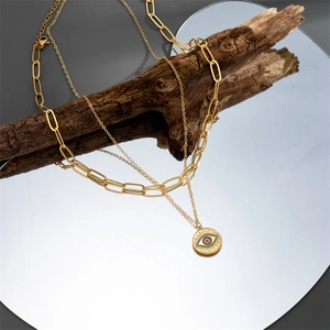 Layered Necklace Gold Plated Copper Colorful Zirconia Evil Eye Round Pendant Paperclip Chain Fashion Jewelry For Women